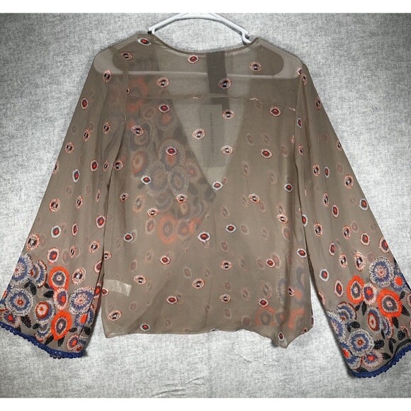 Moon Collection Womens Multi Colored Low V Neck Long Sleeve Casual Sheer Top Sm - Picture 4 of 7